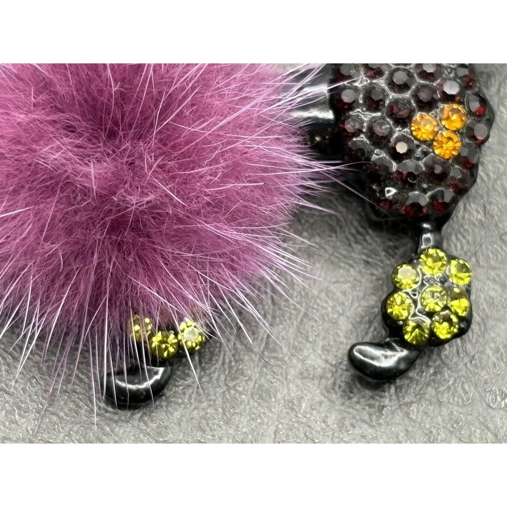 Rhinestone Poodle Dog Pom Pom Brooch Pin Pink Yellow Black Japanned Metal